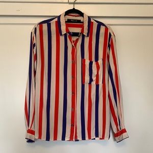 Vibtage blue and red striped flowy button up